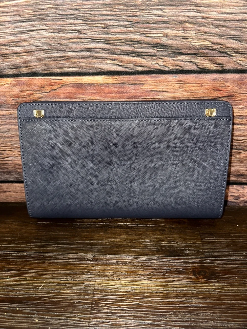Michael Kors Navy Saffiano Zip-Around Clutch with Gold Logo